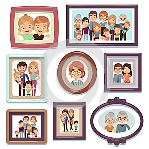 Family portrait photos. Pictures people photo frame happy characters relatives dynasty parents kids relationship, flat