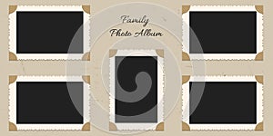 Family portrait pictures in frames on albom. Vector page of photo album, with photo frames and corner.