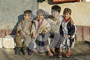 Family Portrait of poor Roma Gypsies, Romania