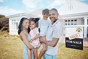 Family, portrait and smile at new home, outdoor and mortgage for property purchase, building investment and sign. Happy