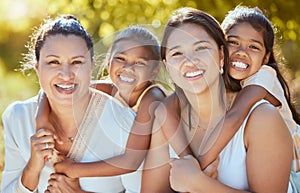 Family, portrait and women relax in a park, bonding with children, mother and grandmother in nature. Love, happy family