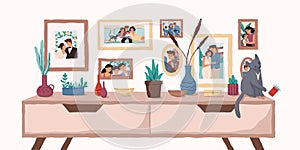 Family portraits on wall flat vector illustration. Important events memorable photographs in home interior. Life moments