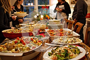 Family Potluck Dinner Table, A potluck dinner where each family member contributes a dish, creating a collaborative and communal photo