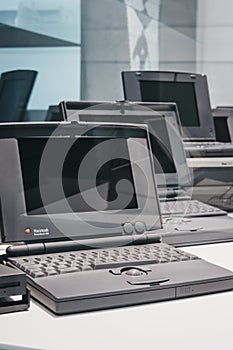 Family of PowerBook portable computers on display inside Apple Museum in Prague, Czech Republic