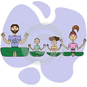 Family practicing yoga, parents and children in lotus position, cartoon illustration of people doing meditation