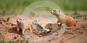 A family of prairie dogs playfully chasing each other around their burrows on the plains, concept of Social behavior