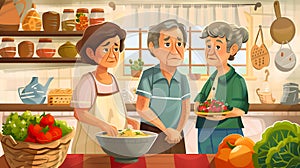 Family Preparing Fresh Salad in a Sunny Kitchen Illustration