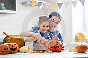 Family preparing for Halloween.