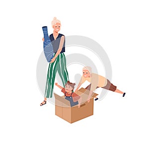 Family preparing for moving. Mother and kids having fun in cardboard box pack. Mom and carefree excited children