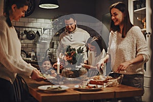 Family preparing traditional festive Christmas Eve dinner