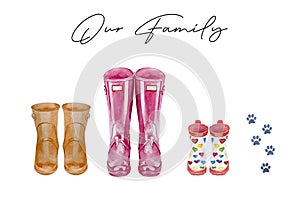 Family print concept with watercolor wellies boots for four. Colorful rain boots collection. Rubber boots autumn fall concept.