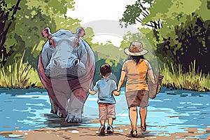 family promenading with hippo illustration Generative AI