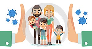 Family is protected. Mother father and kids and molecules attacks, huge hands stop gesture, contagious diseases