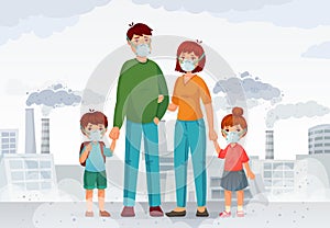 Family protection from contaminated air. People in protective N95 face masks, industry smoke and safe mask vector
