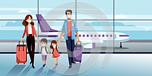 Family in protection masks in airport. Vector illustration. Traveling by airplane during coronavirus epidemic outbreak