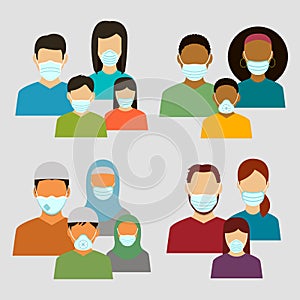 Family in protective medical masks. Protection mask against virus, infectious diseases and flu. Vector