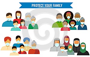 Family in protective medical masks. Protection mask against virus, infectious diseases and flu. Vector