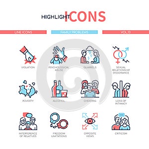 Family psychological problems - line design style icons set