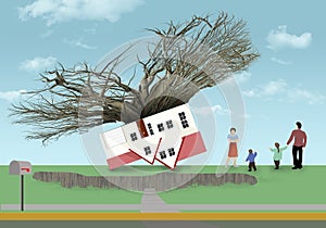 A family is pulling up roots to move to a new city for better jobs. The uprooted house is seen upside down