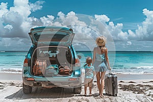 A family puts their luggage in the trunk of the car to travel at beach
