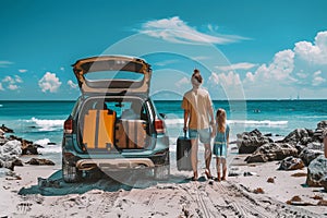 A family puts their luggage in the trunk of the car to travel at beach