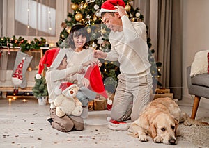 Family putting santa hats near christmas tree