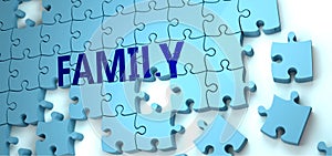 Family puzzle - complexity, difficulty, problems and challenges of a complicated concept idea pictured as a jigsaw puzzle tiles