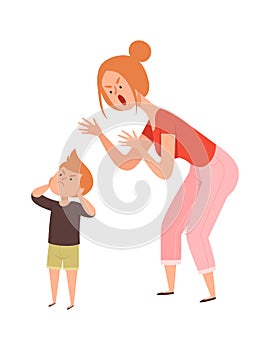 Family quarrel. Domestic abuse, woman scream on boy. Isolated sad toddler and angry mother vector illustration