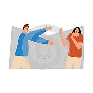 Family quarrel. The husband aggressively proves his right to his wife. Dispute between a man and a woman. Vector illustration in a