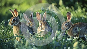 A family of rabbits forages for food ast a carefully maintained blueberry orchard.