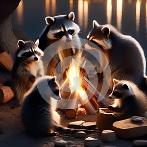 A family of raccoons gathered around a campfire, roasting marshmallows and counting down to the new year1