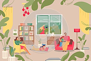 Family reading book at home, vector illustration. Cartoon woman man character together at house. Happy flat people in