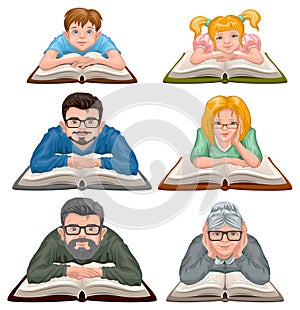 Family reading book. Set people reading book
