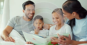 Family, reading and children with book in bed for story time, child development and learning. Education, relax and