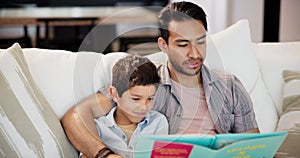 Family, reading and son with father on sofa in living room of home together for learning or literature. Education