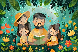 Family reading together in a magical forest, perfect for educational and nature-inspired designs. Postcard for the day