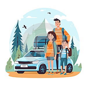 Family ready camping trip standing near car packed luggage forest area. Two children, one boy, one