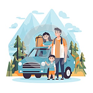 Family ready road trip near car mountains background. Cartoon dad, mom, children vehicle outdoor