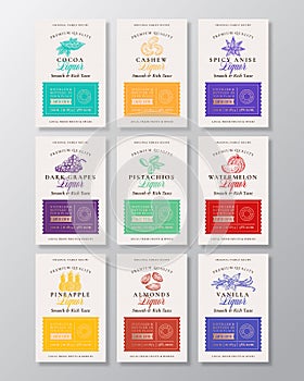 Family Recipe Fruit, Berries, Nuts and Spices Liquor Acohol Labels Collection. Abstract Vector Packaging Design Layouts