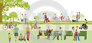 Family recreation in the park, and cycling, illustration