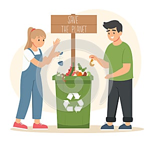 Family recycle garbage. Man and woman collecting organic waste, throw trash garbage into a street bin container with recycling