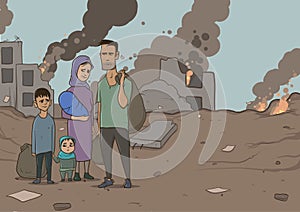 Family of refugees with two children on destroyed buildings background. photo