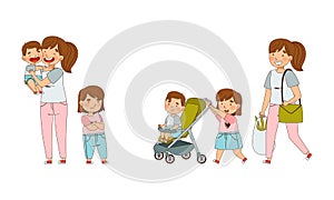 Family Relations with Jealous Sister Standing Near Mother and Pushing Baby Carriage Vector Illustration Set