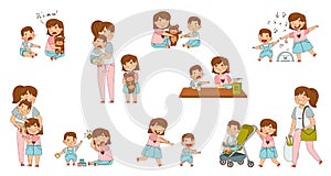 Family Relations with Siblings Playing Toys and Warring with Each Other Vector Set