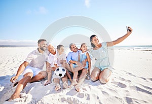 Family relax on beach sand, selfie and generations, tropical vacation in Mexico with travel and trust outdoor