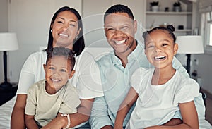 Family, relax and happy together in home for love, care and support portrait. Black family, smile and parents spend