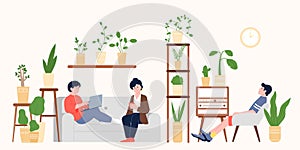 Family relax in home garden on sofa and chair with green plants in pots. Houseplant in apartment, eco lifestyle and
