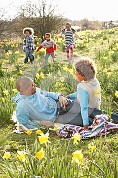 Family Relaxing In Field Of Spring Daffodils