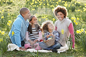 Family Relaxing In Field Of Spring Daffodils