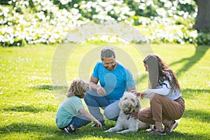 Family relaxing in garden with pet dog. The concept of a happy family. Parents and children on vacation playing together